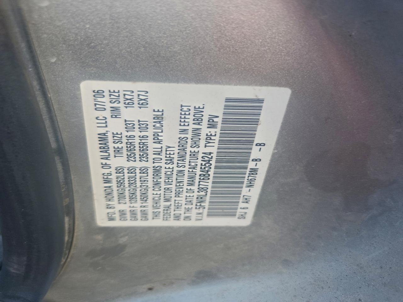 2006 Honda Odyssey Exl VIN: 5FNRL38776B455424 Lot: 91793955