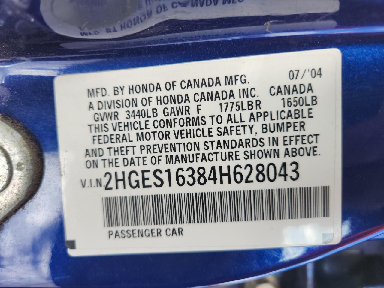 2004 Honda Civic Dx Vp VIN: 2HGES16384H628043 Lot: 92011415