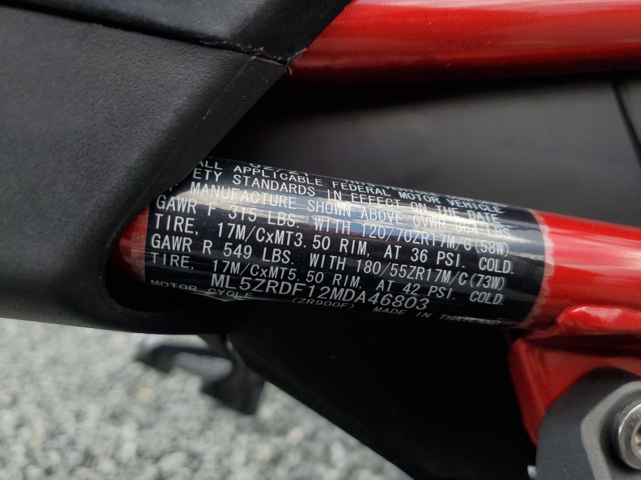 2021 Kawasaki Zr900 F VIN: ML5ZRDF12MDA46803 Lot: 92397355