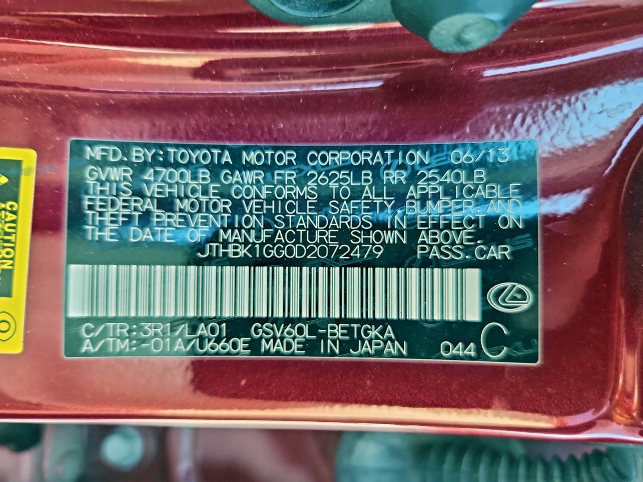 2013 Lexus Es 350 VIN: JTHBK1GG0D2072479 Lot: 93654645