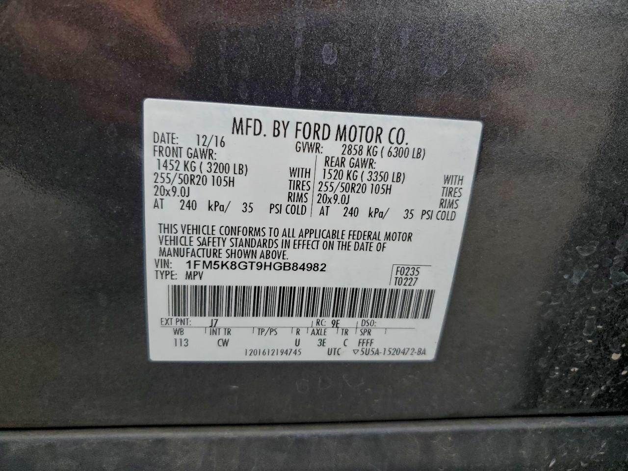 2017 Ford Explorer Sport VIN: 1FM5K8GT9HGB84982 Lot: 94369465