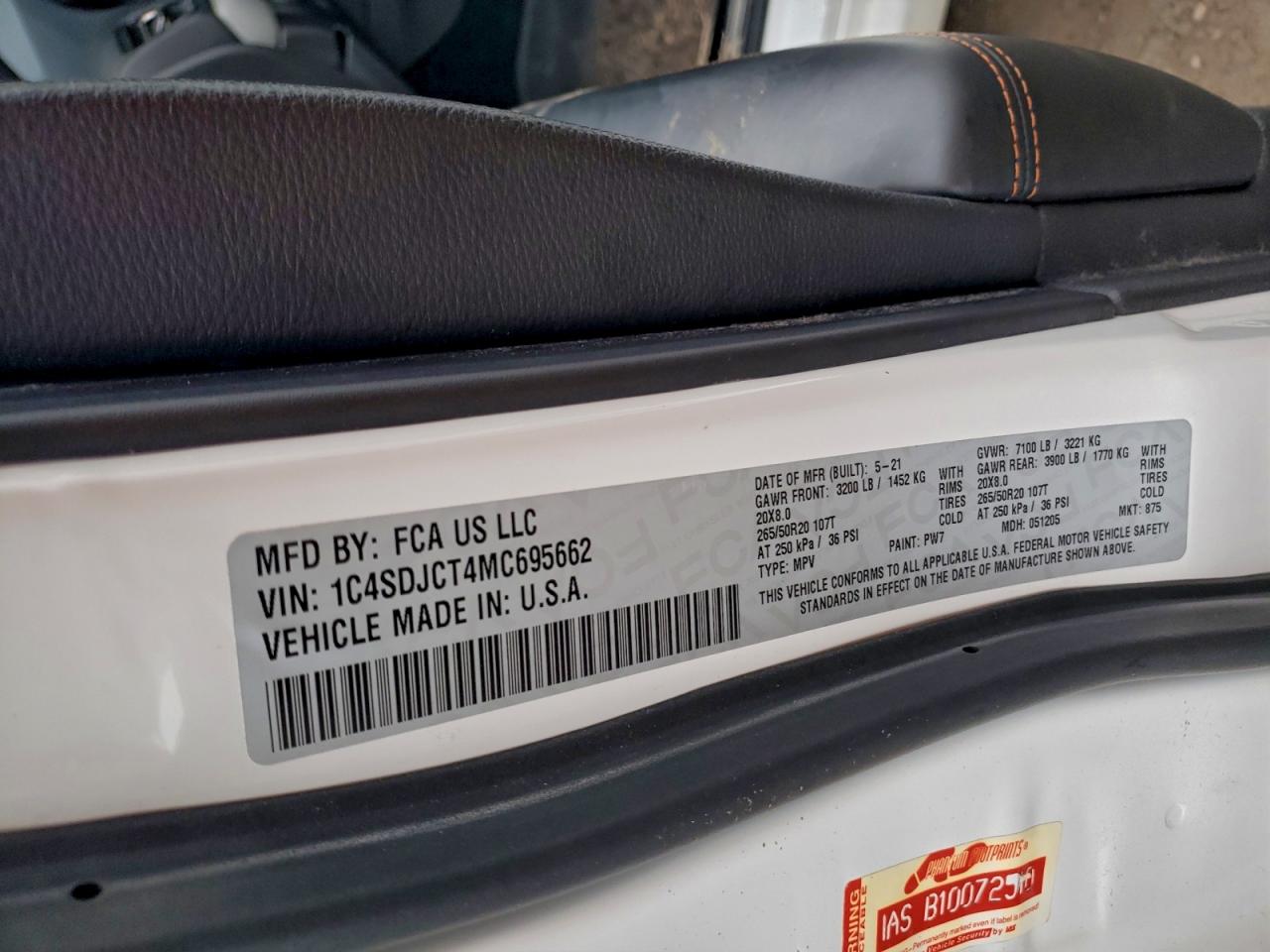 2021 Dodge Durango R/T VIN: 1C4SDJCT4MC695662 Lot: 93335855