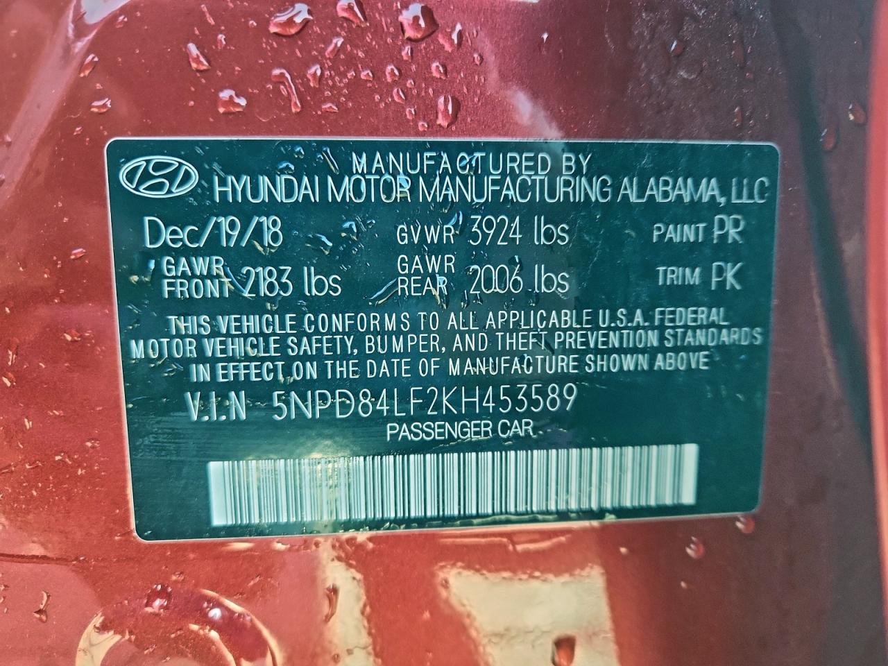 2019 Hyundai Elantra Sel VIN: 5NPD84LF2KH453589 Lot: 94122625