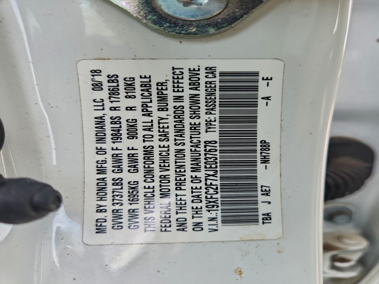 2018 Honda Civic Ex VIN: 19XFC2F7XJE037678 Lot: 91918255