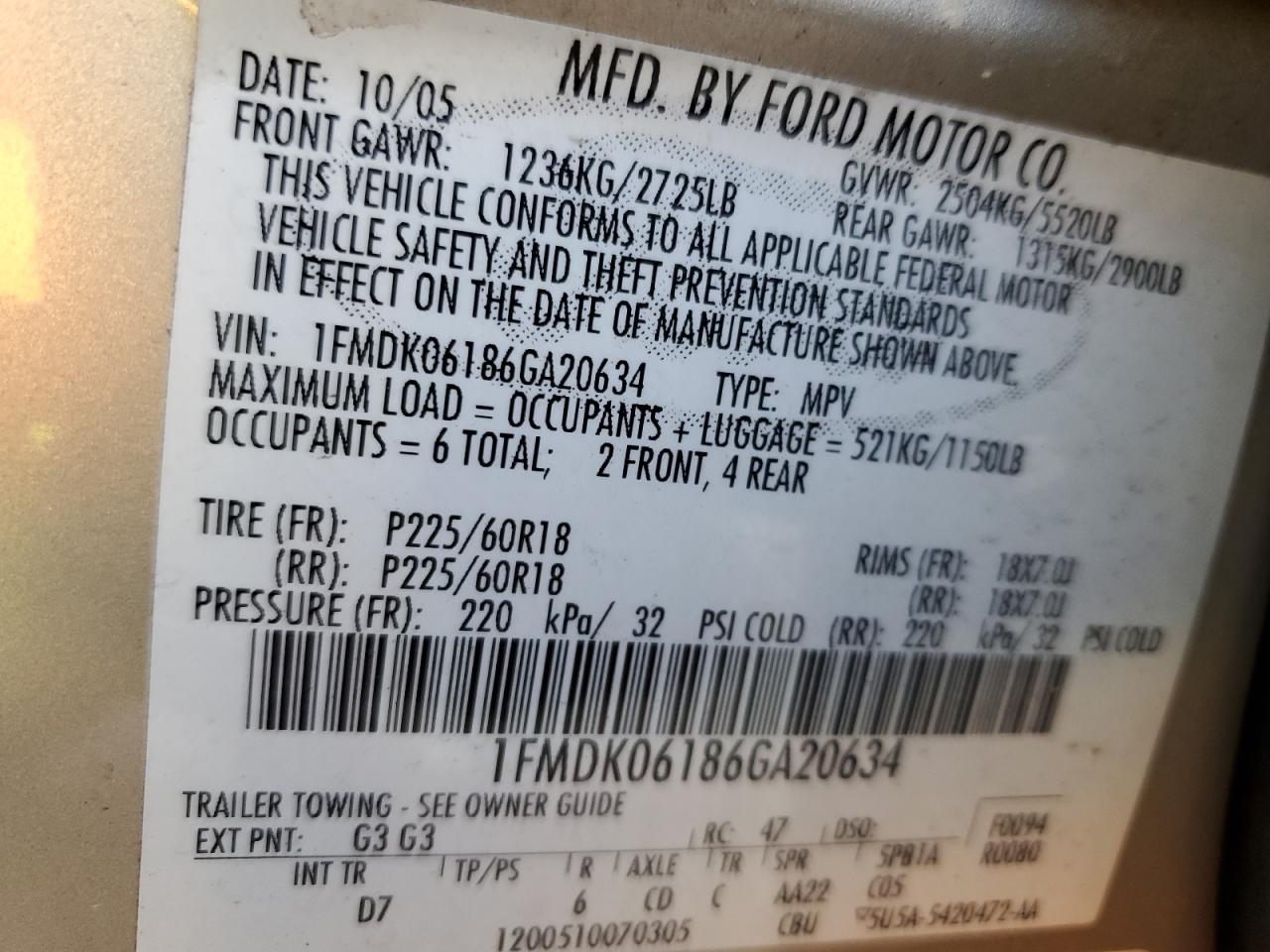 2006 Ford Freestyle Limited VIN: 1FMDK06186GA20634 Lot: 92096025