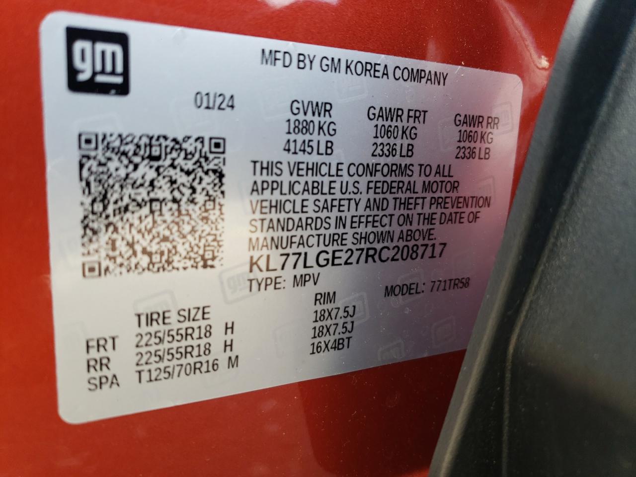 2024 Chevrolet Trax 1Rs VIN: KL77LGE27RC208717 Lot: 93699815