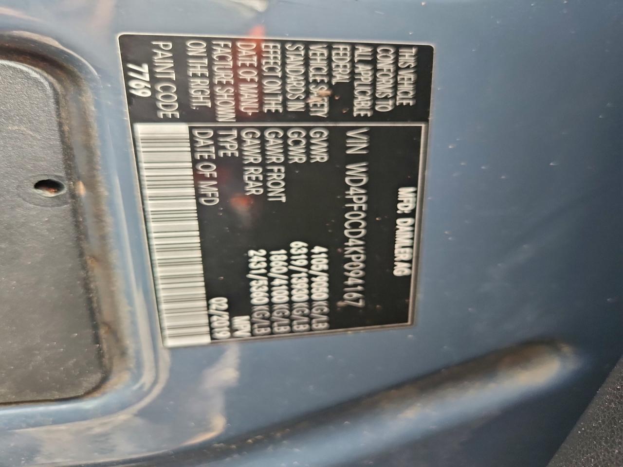 2019 Mercedes-Benz Sprinter 2500/3500 VIN: WD4PF0CD4KP094167 Lot: 93475425