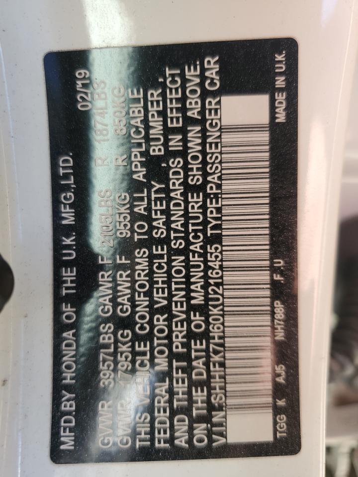 2019 Honda Civic Ex VIN: SHHFK7H60KU216455 Lot: 92422845