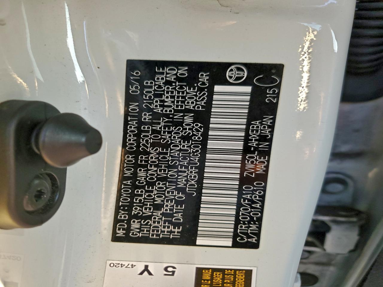 2016 Toyota Prius VIN: JTDKBRFU4G3018429 Lot: 94280705