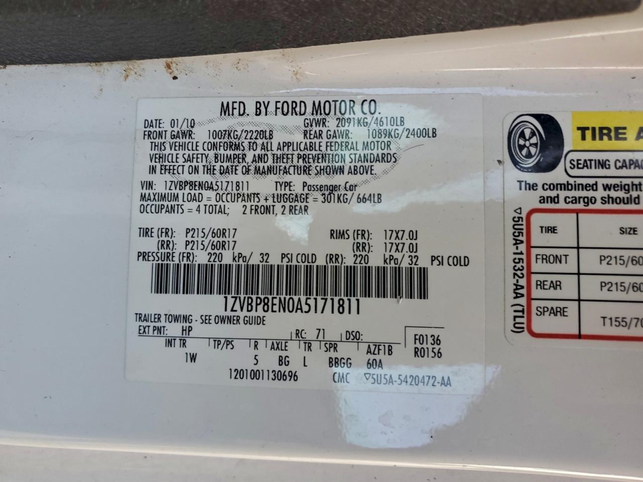 2010 Ford Mustang VIN: 1ZVBP8EN0A5171811 Lot: 93922335