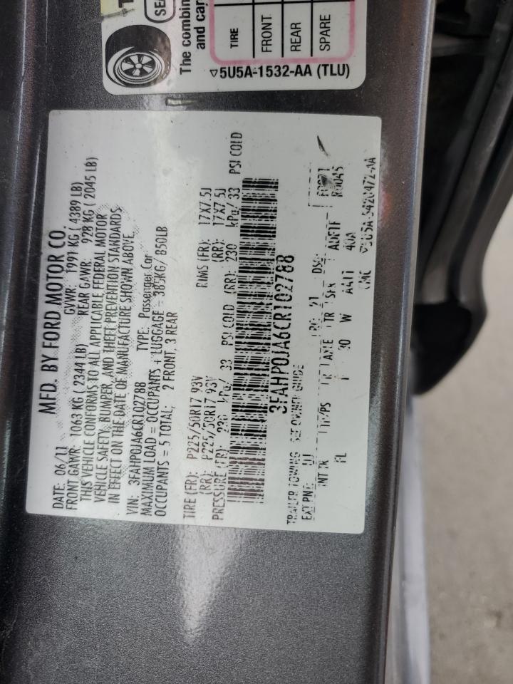 2012 Ford Fusion Sel VIN: 3FAHP0JA6CR102788 Lot: 91496655