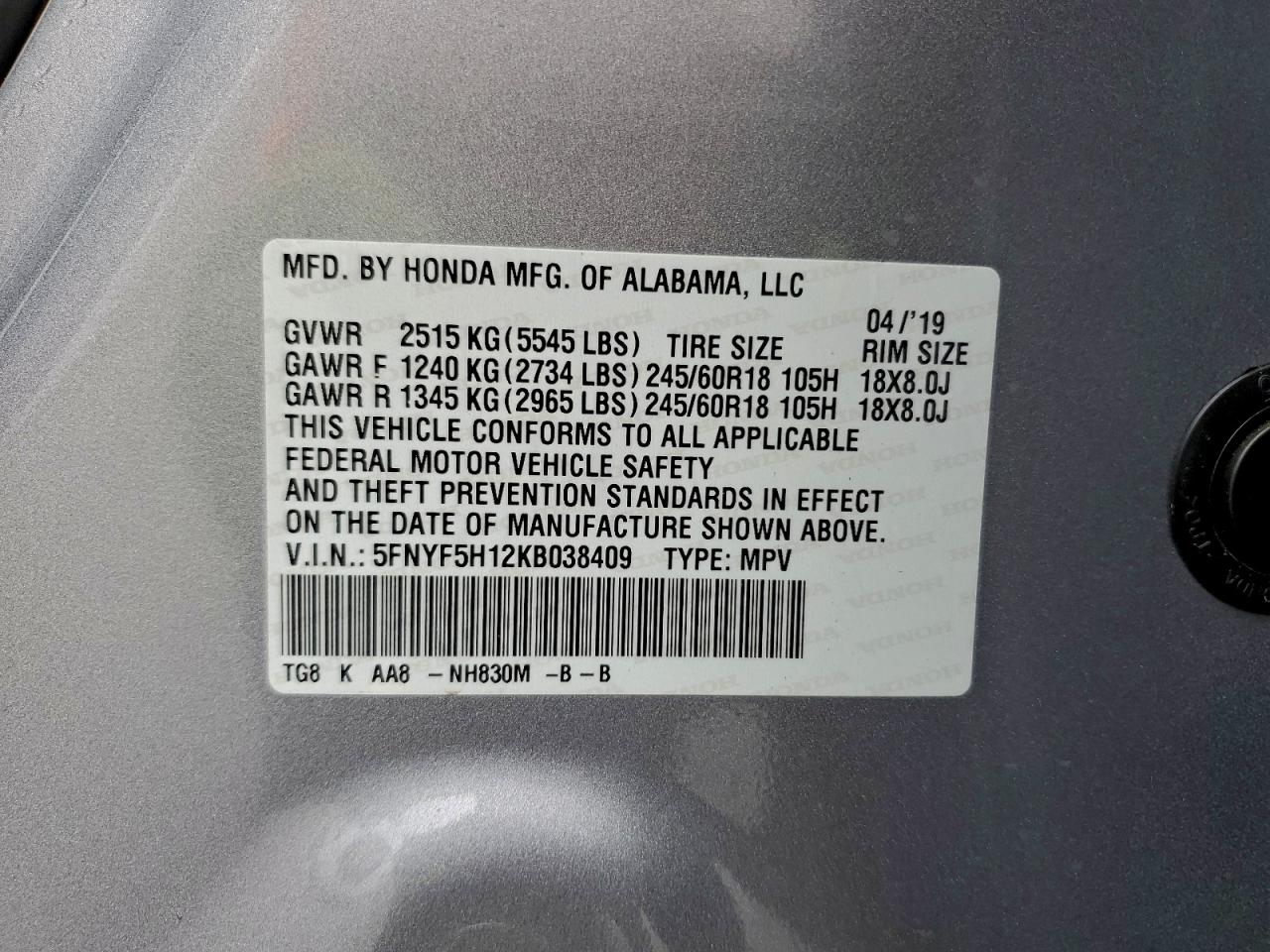 2019 Honda Pilot Lx VIN: 5FNYF5H12KB038409 Lot: 94150245