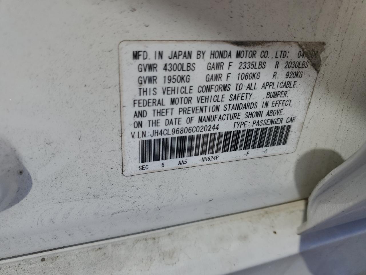 2006 Acura Tsx VIN: JH4CL96806C020244 Lot: 91736685