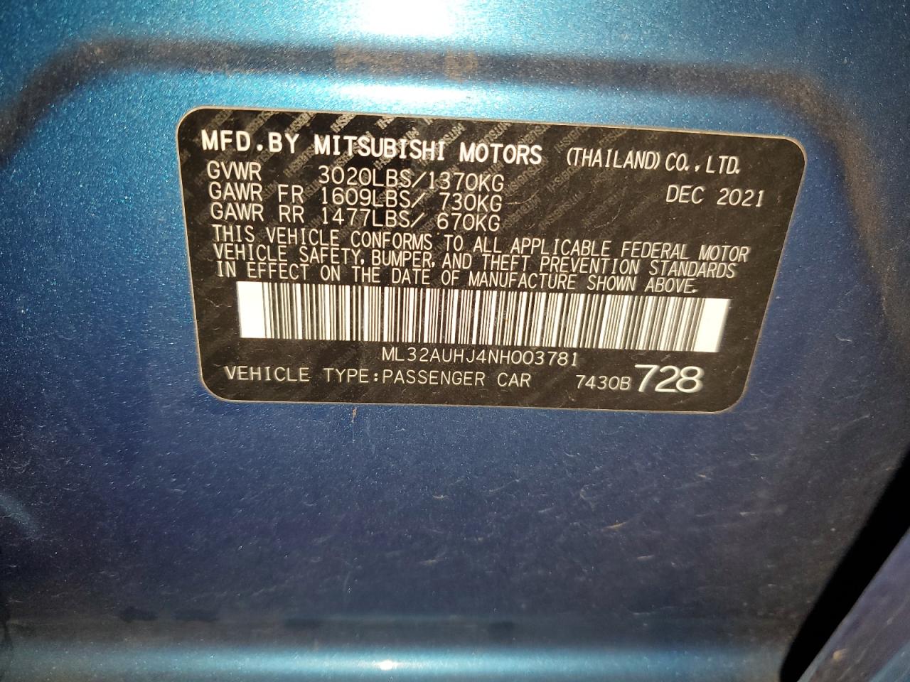 2022 Mitsubishi Mirage Es VIN: ML32AUHJ4NH003781 Lot: 92127705