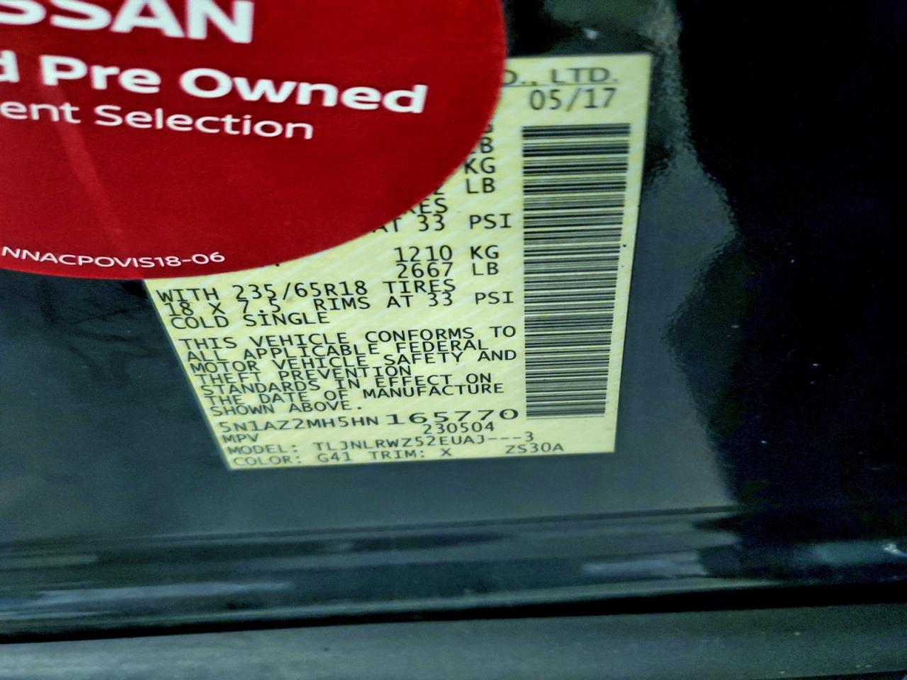 2017 Nissan Murano S VIN: 5N1AZ2MH5HN165770 Lot: 93824015