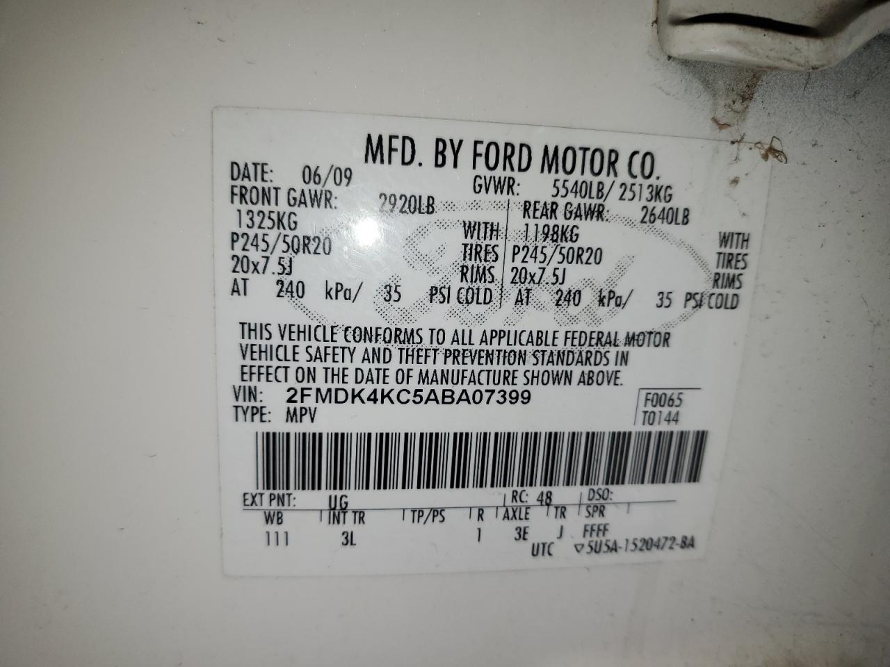 2010 Ford Edge Limited VIN: 2FMDK4KC5ABA07399 Lot: 92168655