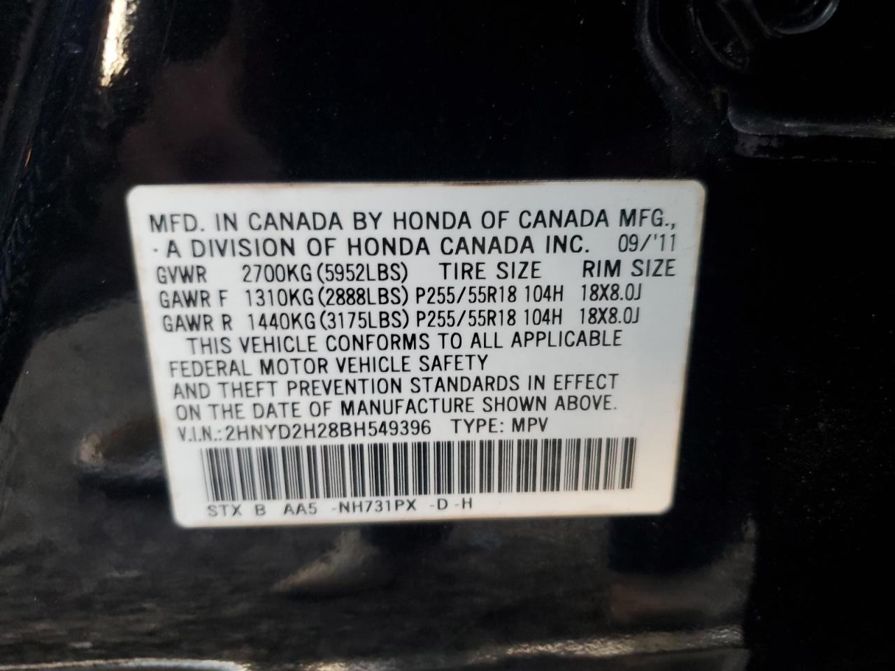 2011 Acura Mdx VIN: 2HNYD2H28BH549396 Lot: 92579745