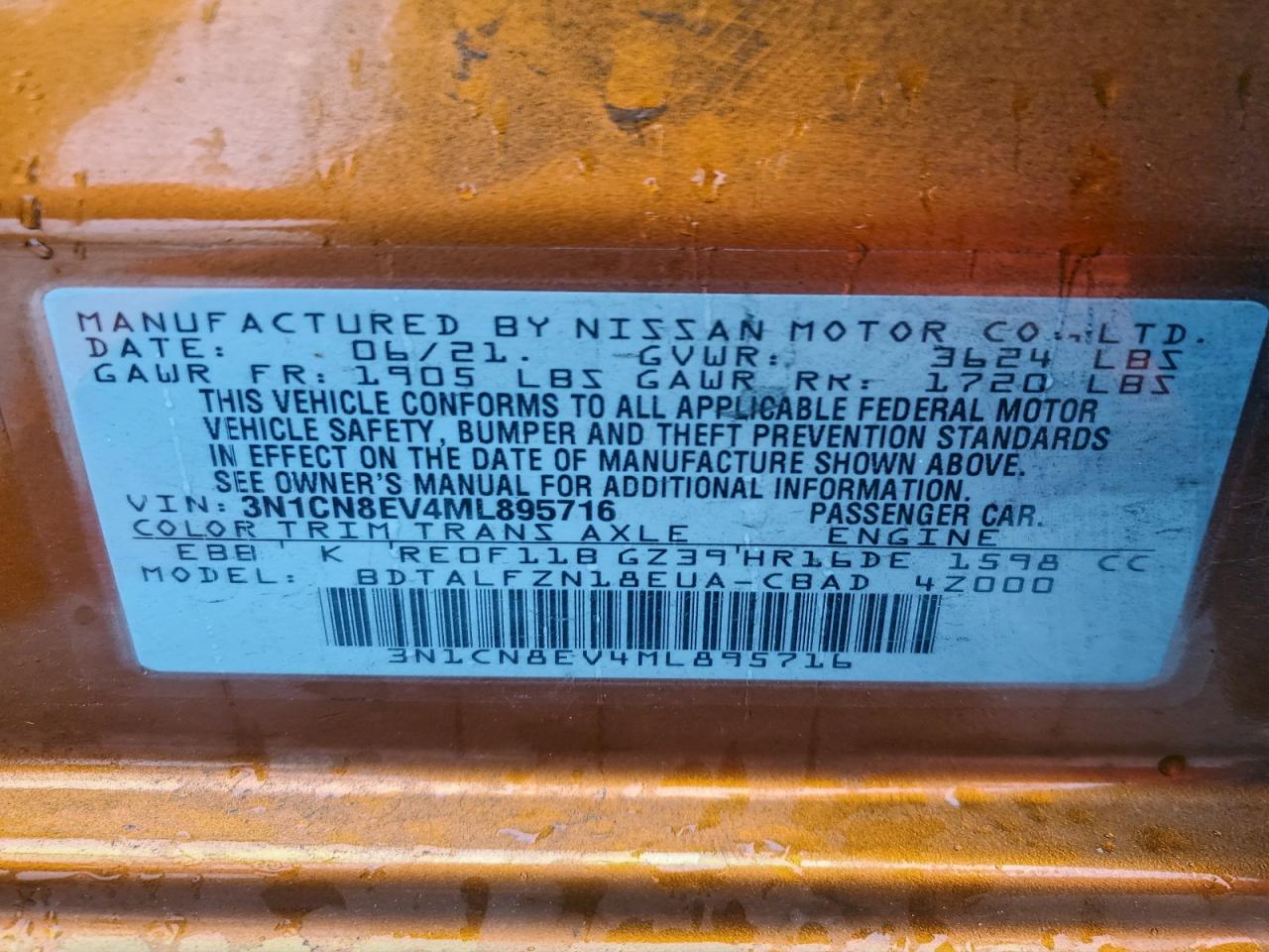 2021 Nissan Versa Sv VIN: 3N1CN8EV4ML895716 Lot: 93900705