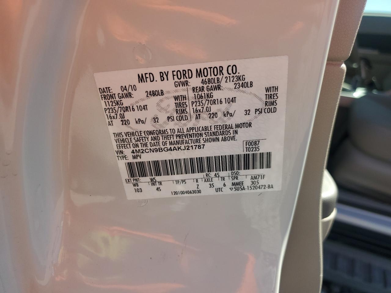 2010 Mercury Mariner VIN: 4M2CN9BG4AKJ21787 Lot: 92883235