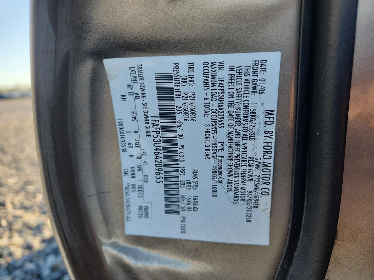 2006 Ford Taurus Se VIN: 1FAFP53U46A209655 Lot: 92418855