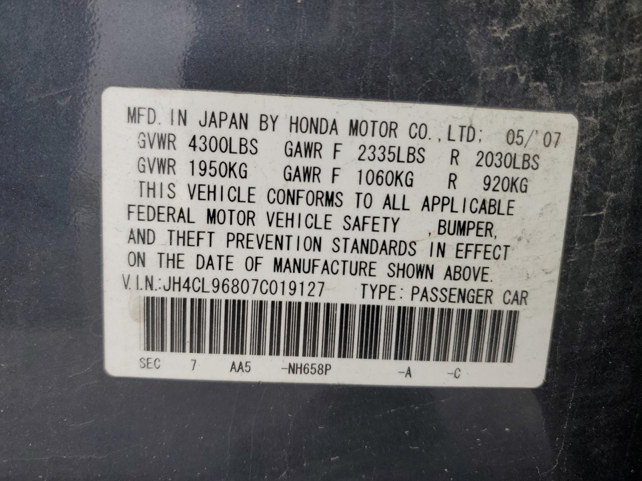 2007 Acura Tsx VIN: JH4CL96807C019127 Lot: 92037875