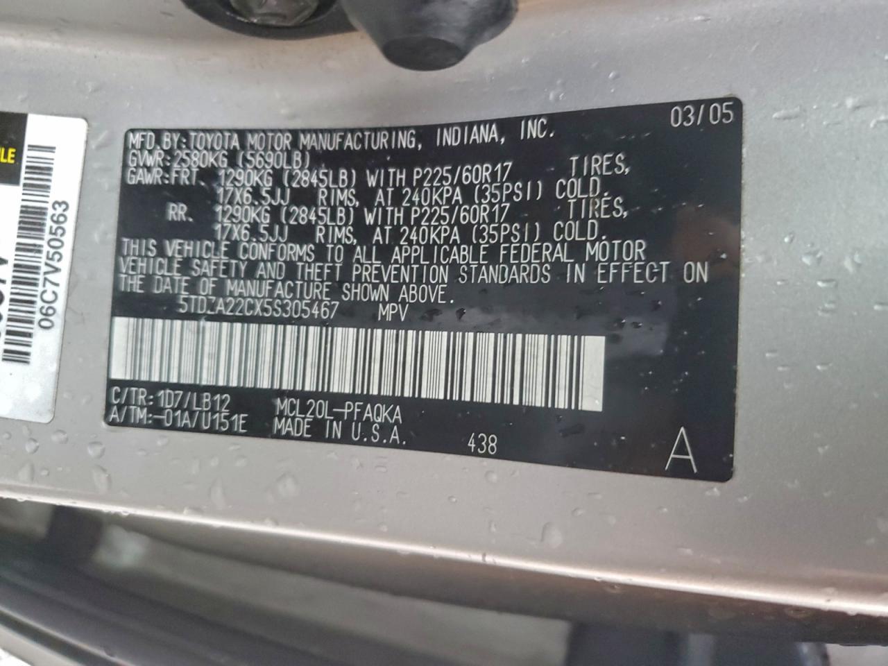 2005 Toyota Sienna Xle VIN: 5TDZA22CX5S305467 Lot: 94636595