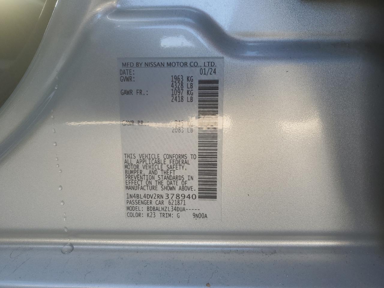 2024 Nissan Altima Sv VIN: 1N4BL4DV2RN378940 Lot: 92297475