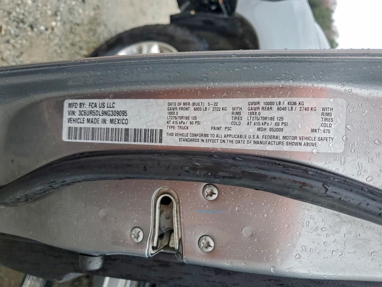 2022 Ram 2500 Big Horn/Lone Star VIN: 3C6UR5DL9NG309095 Lot: 93530095