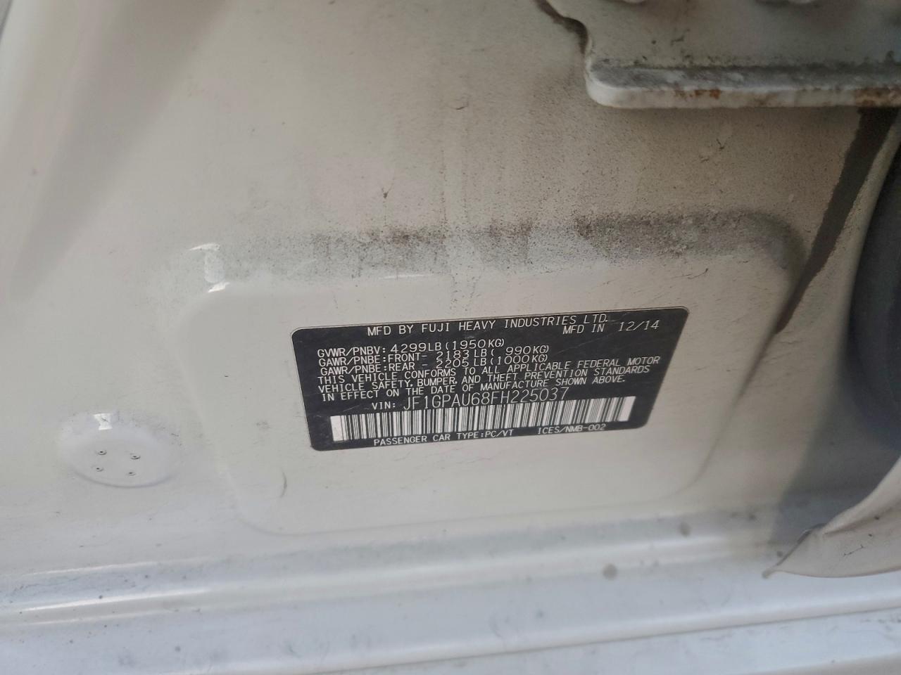 2015 Subaru Impreza Sport VIN: JF1GPAU68FH225037 Lot: 93642645