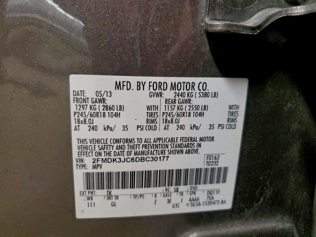 2013 Ford Edge Sel VIN: 2FMDK3JC6DBC30177 Lot: 93652855