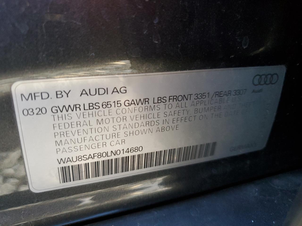 2020 Audi S8 VIN: WAU8SAF80LN014680 Lot: 92833655