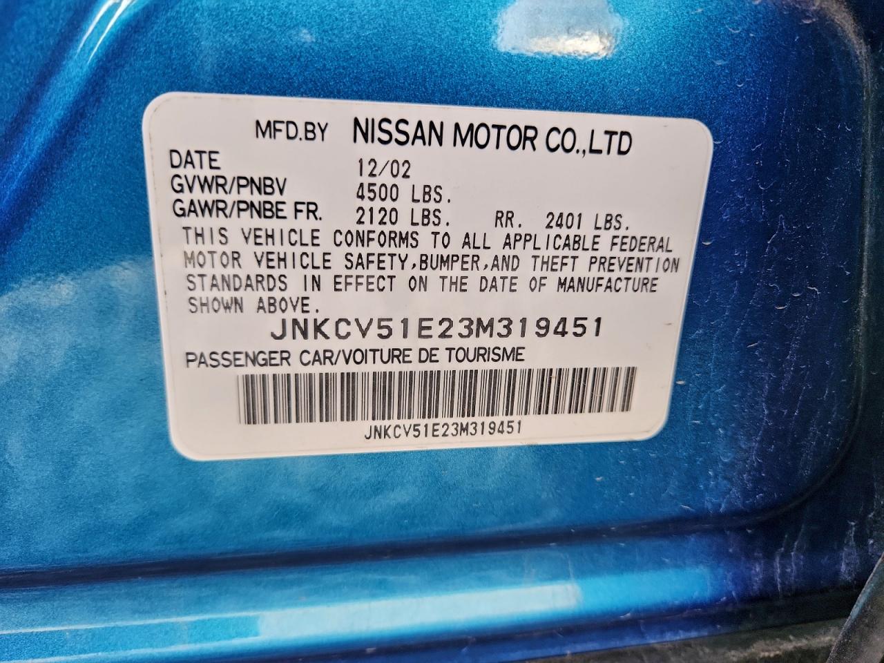 2003 Infiniti G35 VIN: JNKCV51E23M319451 Lot: 93193195