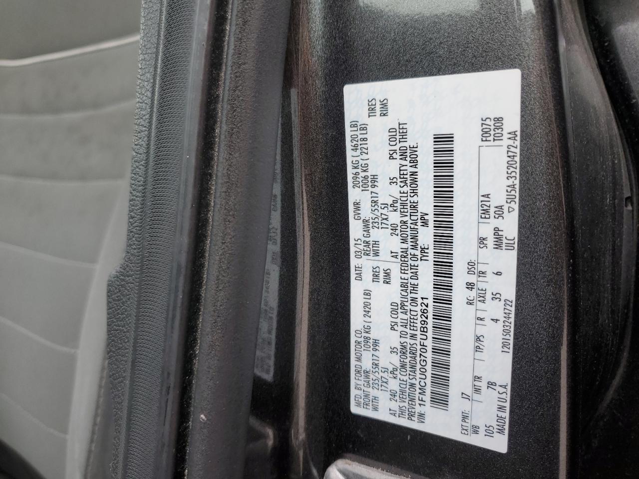 2015 Ford Escape Se VIN: 1FMCU0G70FUB92621 Lot: 93319975