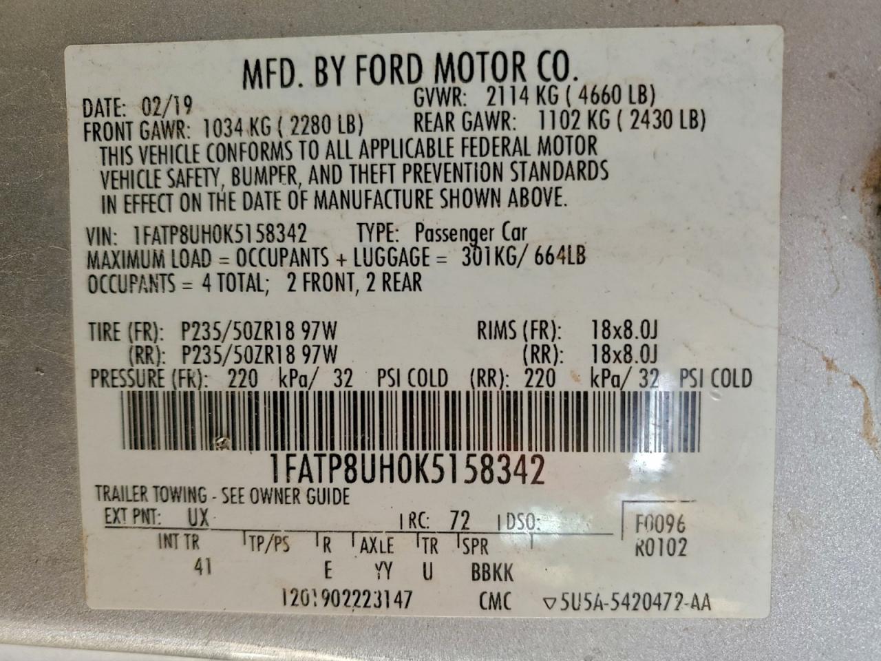 2019 Ford Mustang VIN: 1FATP8UH0K5158342 Lot: 93935635