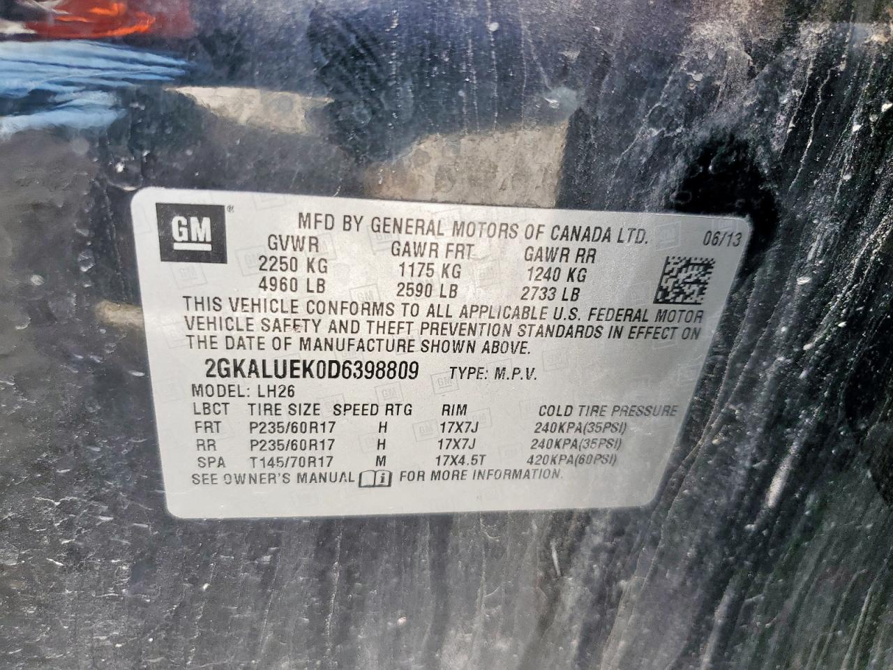 2013 GMC Terrain Slt VIN: 2GKALUEK0D6398809 Lot: 92781215