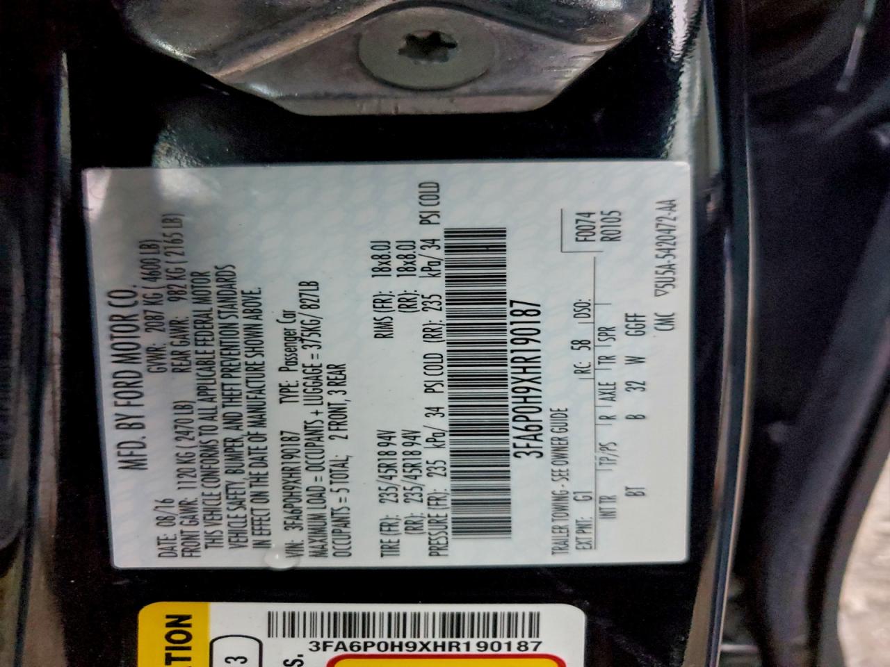 2017 Ford Fusion Se VIN: 3FA6P0H9XHR190187 Lot: 93548435