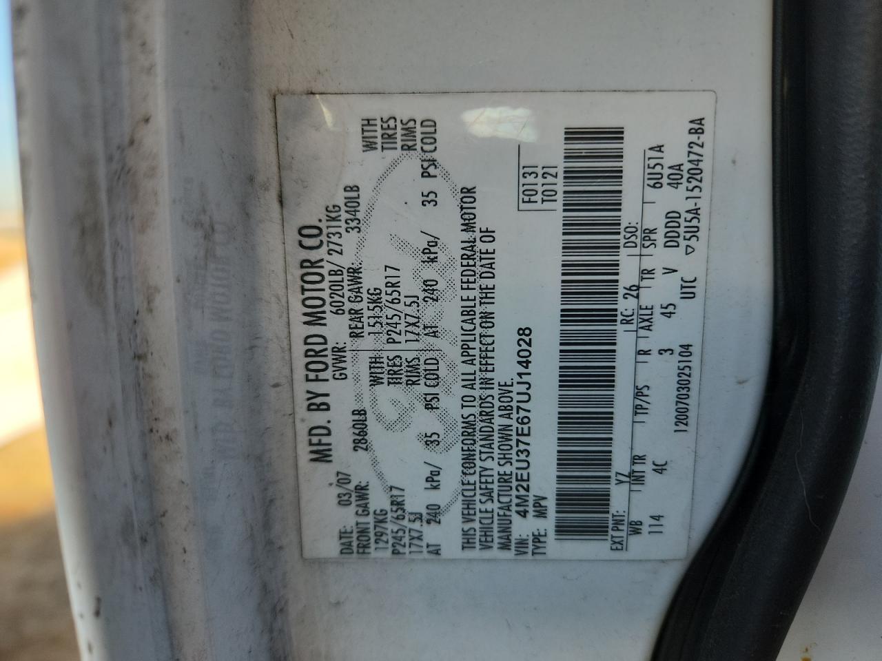 2007 Mercury Mountaineer Luxury VIN: 4M2EU37E67UJ14028 Lot: 92277335