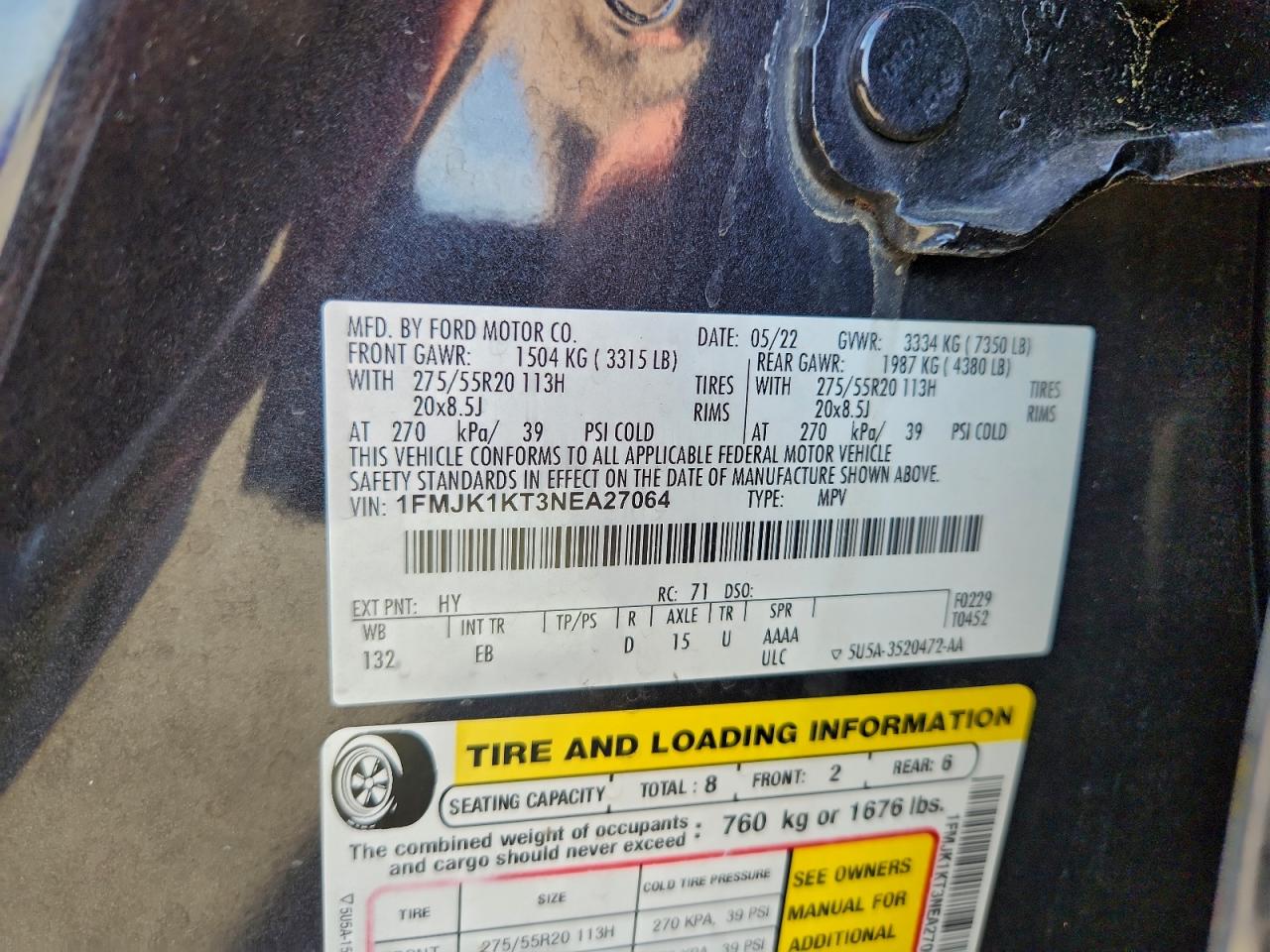 2022 Ford Expedition Max Limited VIN: 1FMJK1KT3NEA27064 Lot: 94421175