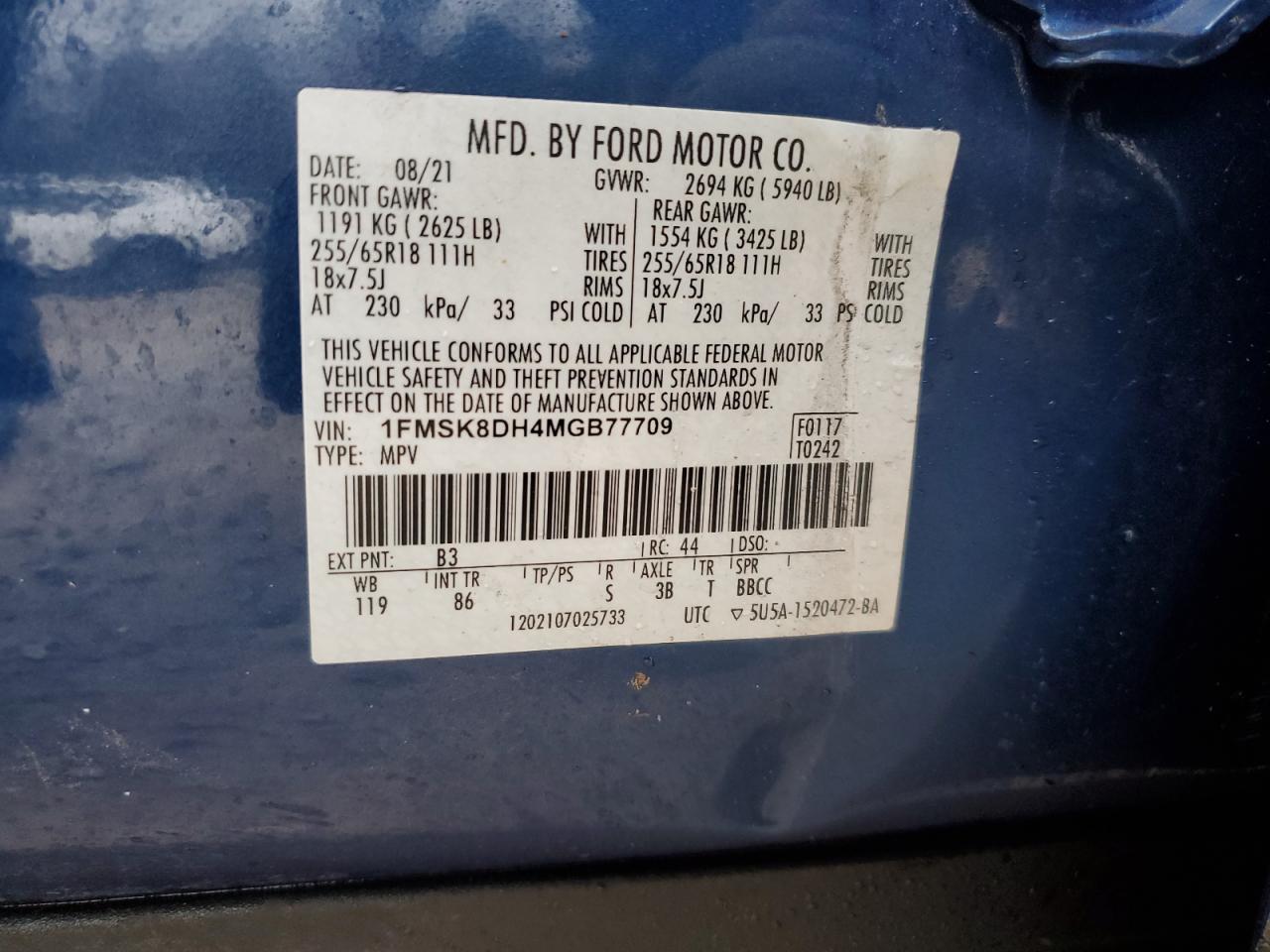 2021 Ford Explorer Xlt VIN: 1FMSK8DH4MGB77709 Lot: 93439375