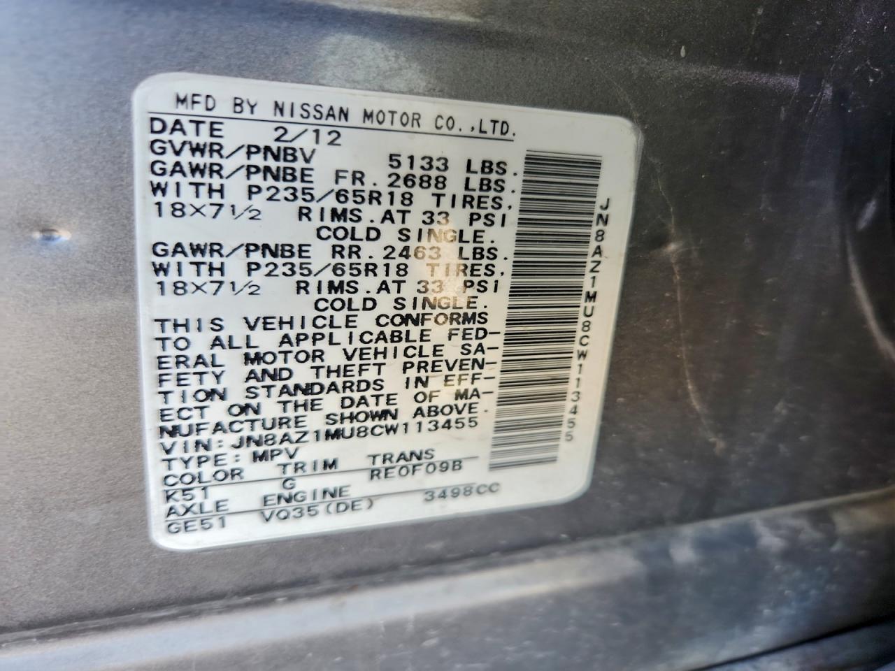 2012 Nissan Murano S VIN: JN8AZ1MU8CW113455 Lot: 93539105