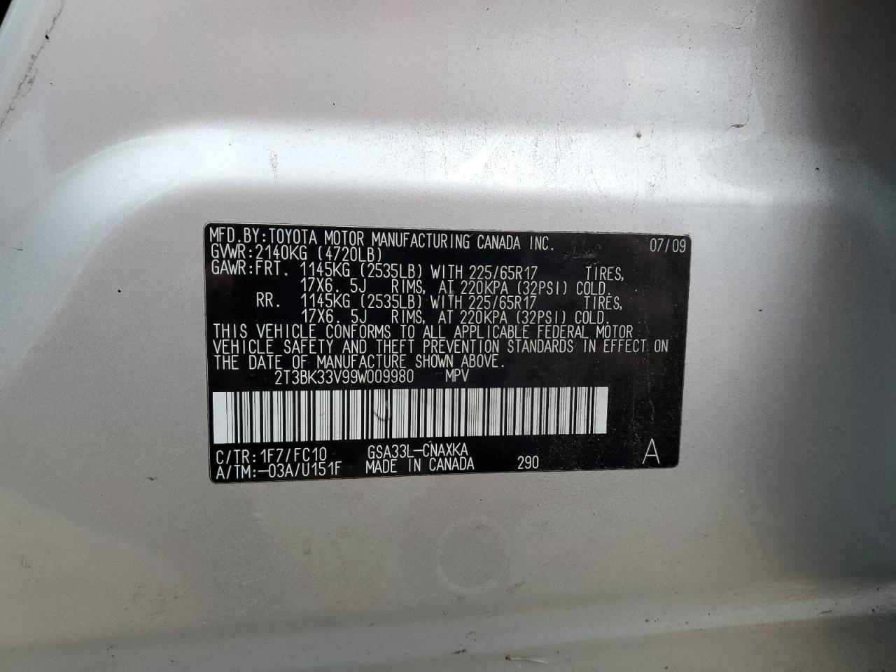 2009 Toyota Rav4 VIN: 2T3BK33V99W009980 Lot: 93967645