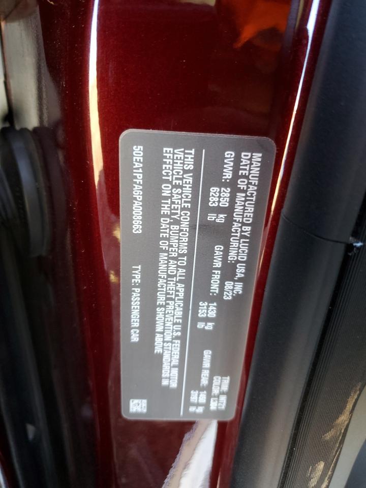 2023 Lucid Motors Air Pure VIN: 50EA1PFA6PA008663 Lot: 91604305