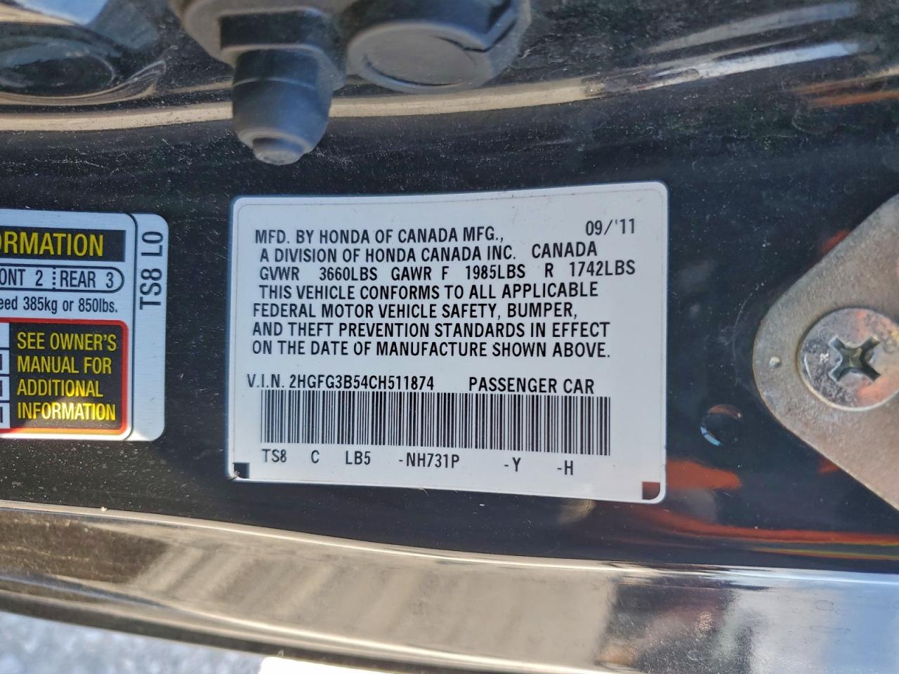 2012 Honda Civic Lx VIN: 2HGFG3B54CH511874 Lot: 94099105