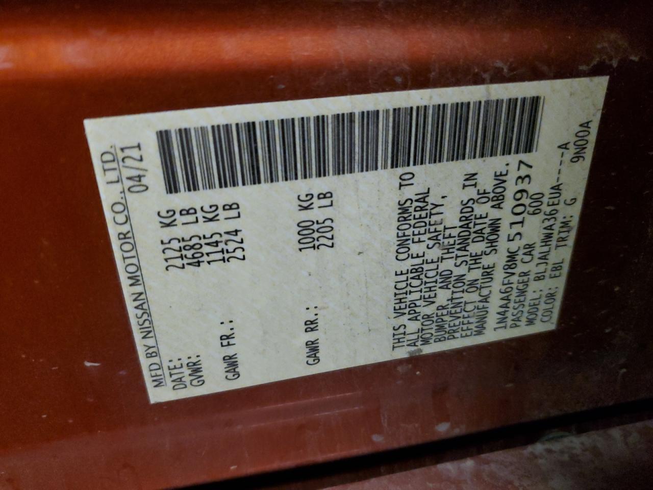 2021 Nissan Maxima Platinum VIN: 1N4AA6FV8MC510937 Lot: 93374335