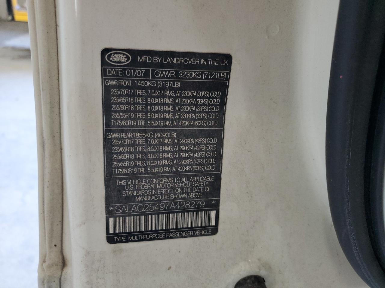 2007 Land Rover Lr3 Hse VIN: SALAG25497A428279 Lot: 93017345