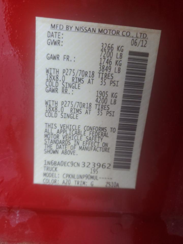 2012 Nissan Titan S VIN: 1N6BA0EC9CN323962 Lot: 90503075