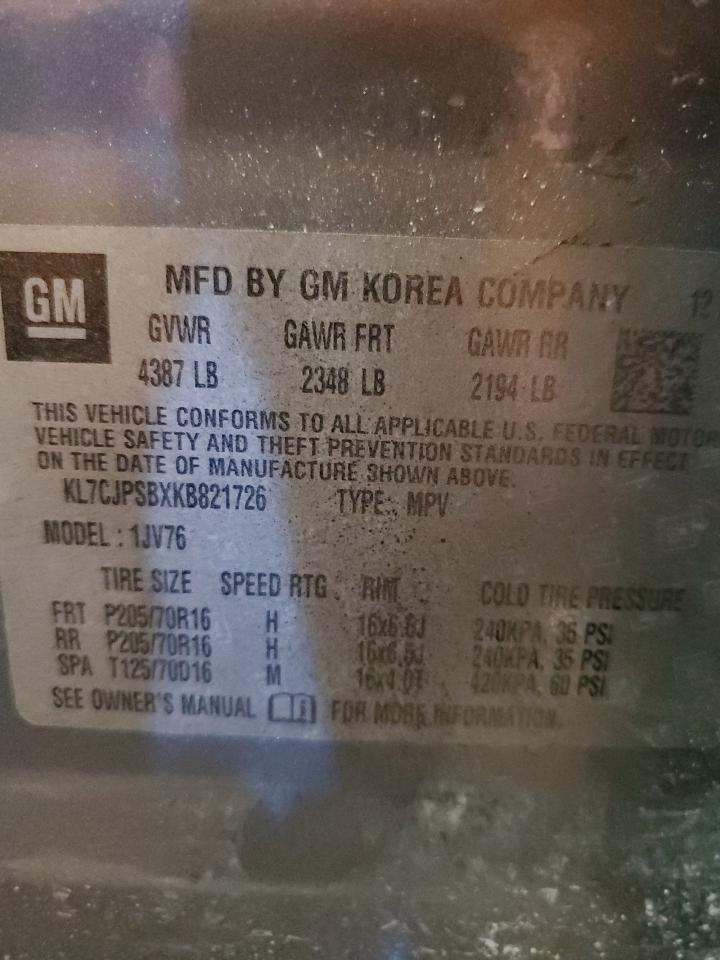 2019 Chevrolet Trax 1Lt VIN: KL7CJPSBXKB821726 Lot: 92015595