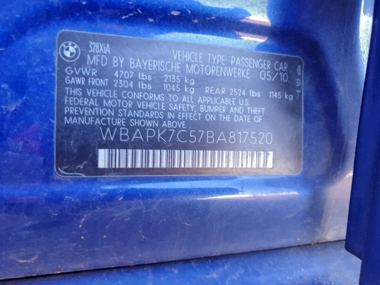2011 BMW 328 Xi VIN: WBAPK7C57BA817520 Lot: 94108515