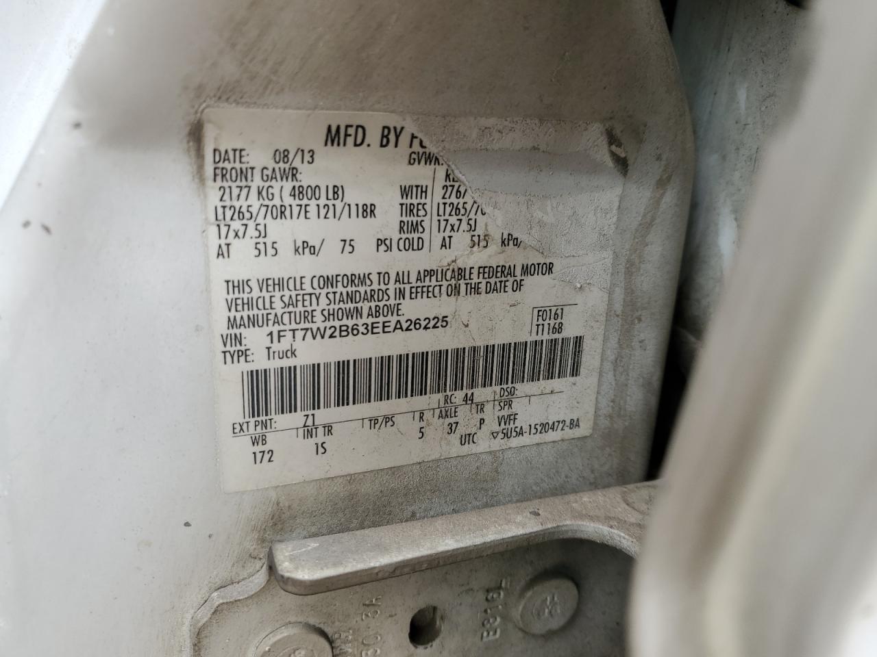 2014 Ford F250 Super Duty VIN: 1FT7W2B63EEA26225 Lot: 92624245