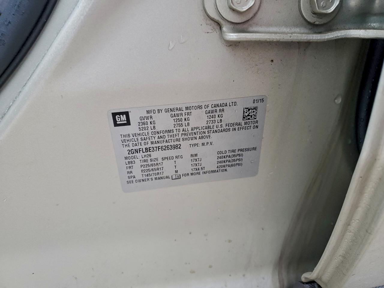 2015 Chevrolet Equinox Lt VIN: 2GNFLBE37F6263982 Lot: 93674135